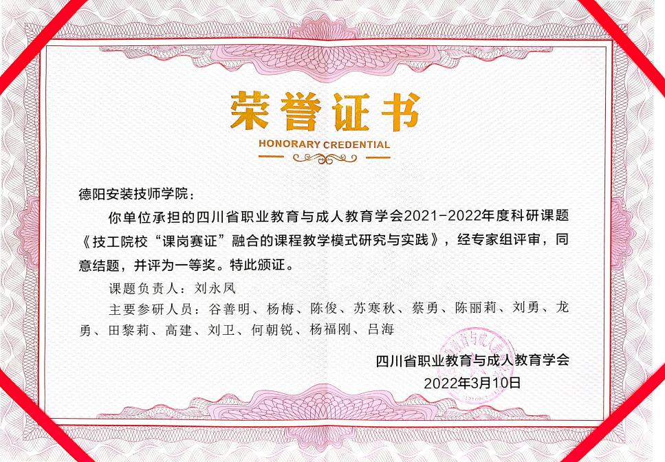 喜报！学院省职成教学会2021-2022年度立项科研课题顺利结题并获评“一等奖”